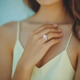 Emerald Lab Created Diamond with Trapazoid Sidestones Three-Stone Engagement Ring in Rose Gold (MVSX1035-R)