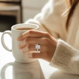 Emerald Lab Created Diamond with Baguette Sidestones Three-Stone Engagement Ring in White Gold (MVSX1036-W)