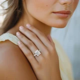 Emerald Lab Created Diamond with Baguette Sidestones Three-Stone Engagement Ring in White Gold (MVSX1036-W)