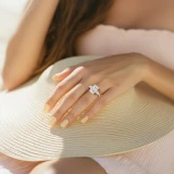 Radiant Lab Created Diamond with Shield Sidestones Three-Stone Engagement Ring in Rose Gold (MVSX1042-R)