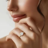 Cushion Lab Created Diamond Tapered Cathedral Open Bridge Three-Stone Engagement Ring in Yellow Gold (MVSX1050-Y)