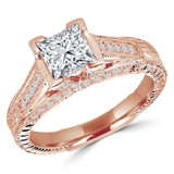 Princess Lab Created Diamond Vintage Cathedral Diamond Accent Bridge and Prongs Solitaire with Accents Engagement Ring in Rose Gold (MVSLG1047-R)