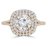 Round Lab Created Diamond Split Shank Cathedral Diamond Bridge Cushion Double Halo Engagement Ring in Yellow Gold (MVSLG1067-Y)
