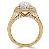 Round Lab Created Diamond Split Shank Cathedral Diamond Bridge Cushion Double Halo Engagement Ring in Yellow Gold (MVSLG1067-Y)