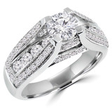 Round Lab Created Diamond Vintage Split-Shank Three-Row Cathedral Diamond Bridge Solitaire with Accents Engagement Ring in White Gold (MVSLG1080-W)