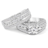 Round Lab Created Diamond Vintage Split-Shank Three-Row Cathedral Diamond Bridge Solitaire with Accents Engagement Ring and Wedding Band Set Ring in White Gold (MVSLG1081-W)
