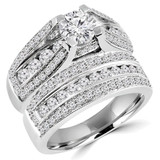 Round Lab Created Diamond Vintage Split-Shank Three-Row Cathedral Diamond Bridge Solitaire with Accents Engagement Ring and Wedding Band Set Ring in White Gold (MVSLG1081-W)