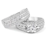 Round Lab Created Diamond Vintage Split-Shank Three-Row Cathedral Diamond Bridge Solitaire with Accents Engagement Ring and Wedding Band Set Ring in White Gold (MVSLG1081-W)