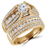 Round Lab Created Diamond Vintage Split-Shank Three-Row Cathedral Diamond Bridge Solitaire with Accents Engagement Ring and Wedding Band Set Ring in Yellow Gold (MVSLG1081-Y)