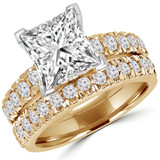 Princess Lab Created Diamond V-Prong Solitaire with Accents Engagement Ring and Wedding Band Set Ring in Yellow Gold (MVSLG1121-Y)