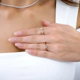 Round Lab Created Diamond Cathedral Double Prong Solitaire with Accents Engagement Ring in Rose Gold (MVSLG1143-R)