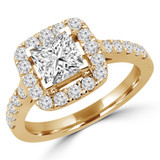 Princess Lab Created Diamond Cathedral Open Bridge V-Prong Cushion Halo Engagement Ring in Yellow Gold (MVSLG1171-Y)