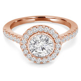 Round Lab Created Diamond Cathedral Open Bridge Bezel Set Round Halo Engagement Ring in Rose Gold (MVSLG1184-R)