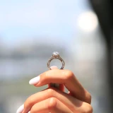 Round Lab Created Diamond Vintage Tapered Cathedral Solitaire with Accents Engagement Ring in White Gold (MVSLG1238-W)