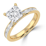 Princess Lab Created Diamond Hidden Halo Solitaire with Accents Engagement Ring in Yellow Gold with Channel Set Emerald Accents (MVSLG1477-Y)