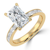 Radiant Lab Created Diamond Hidden Halo Solitaire with Accents Engagement Ring in Yellow Gold with Channel Set Emerald Accents (MVSLG1478-Y)