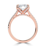Cushion Lab Created Diamond Cathedral Solitaire with Accents Engagement Ring in Rose Gold with Pave Diamond Bridge and Prongs (MVSLG1490-R)
