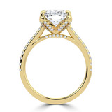 Cushion Lab Created Diamond Cathedral Solitaire with Accents Engagement Ring in Yellow Gold with Pave Diamond Bridge and Prongs (MVSLG1490-Y)