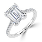 Emerald Lab Created Diamond Cathedral Solitaire with Accents Engagement Ring in White Gold with Pave Diamond Bridge and Prongs (MVSLG1491-W)