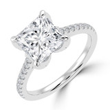 Princess Lab Created Diamond Cathedral Solitaire with Accents Engagement Ring in White Gold with Pave Diamond Bridge and Prongs (MVSLG1494-W)