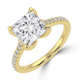 Princess Lab Created Diamond Cathedral Solitaire with Accents Engagement Ring in Yellow Gold with Pave Diamond Bridge and Prongs (MVSLG1494-Y)