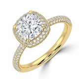 Cushion Lab Created Diamond 4-Prong 3-Row Pave Dome Halo Engagement Ring in Yellow Gold (MVSLG1525-Y)