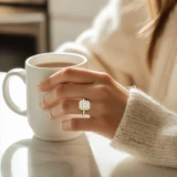 Emerald Lab Created Diamond 4-Prong 3-Row Pave Dome Halo Engagement Ring in Yellow Gold (MVSLG1527-Y)