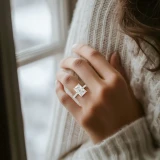 Radiant Lab Created Diamond 4-Prong 3-Row Pave Cathedral Solitaire with Accents Engagement Ring in White Gold with Hidden Halo and Accented Bridge (MVSLG1560-W)