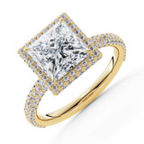 Princess Lab Created Diamond 4-Prong 3-Row Pave Rollover Halo Engagement Ring in Yellow Gold with Hidden Accents (MVSLG1582-Y)