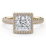 Princess Lab Created Diamond 4-Prong 3-Row Pave Rollover Halo Engagement Ring in Yellow Gold with Hidden Accents (MVSLG1582-Y)