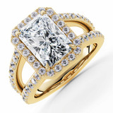 Radiant Lab Created Diamond 4-Prong Split-Shank Cathedral Halo Engagement Ring in Yellow Gold (MVSLG1589-Y)