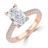 Radiant Lab Created Diamond Cathedral Double Hidden Halo Three-Row Pave Solitaire with Accents Engagement Ring in Rose Gold (MVSLG1659-R)