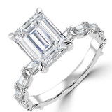 Emerald Lab Created Diamond Hidden Halo Solitaire with Accents Engagement Ring in White Gold with U-Prong Set Baguette Accents (MVSLG1708-W)