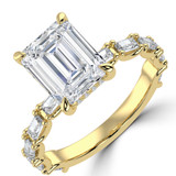 Emerald Lab Created Diamond Hidden Halo Solitaire with Accents Engagement Ring in Yellow Gold with U-Prong Set Baguette Accents (MVSLG1708-Y)