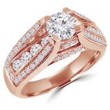 Round Diamond Vintage Split-Shank Three-Row Cathedral Diamond Bridge Solitaire with Accents Engagement Ring in Rose Gold (MVS0080-R)