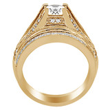 Round Diamond Vintage Split-Shank Three-Row Cathedral Diamond Bridge Solitaire with Accents Engagement Ring and Wedding Band Set Ring in Yellow Gold (MVS0081-Y)