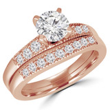 Round Diamond Vintage Reverse Tapered Solitaire with Accents Engagement Ring and Wedding Band Set Ring in Rose Gold (MVS0085-R)