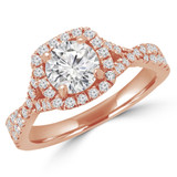 Round Diamond Twisted Split-Shank Cathedral Diamond Bridge Cushion Halo Engagement Ring in Rose Gold (MVS0161-R)