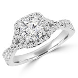 Round Diamond Twisted Split-Shank Cathedral Diamond Bridge Cushion Halo Engagement Ring in White Gold (MVS0161-W)