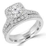 Round Diamond Cathedral Cushion Solitaire with Accents Engagement Ring and Wedding Band Set Ring in White Gold (MVS0165-W)
