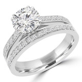 Round Diamond Cathedral Double-Prong Solitaire with Accents Engagement Ring and Wedding Band Set Ring in White Gold (MVS0166-W)