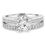Round Diamond Cathedral Double-Prong Solitaire with Accents Engagement Ring and Wedding Band Set Ring in White Gold (MVS0166-W)