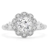 Round Diamond Cathedral Vintage Floral Halo Engagement Ring in White Gold (MVS0197-W)
