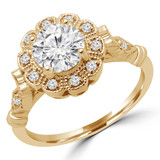 Round Diamond Cathedral Vintage Floral Halo Engagement Ring in Yellow Gold (MVS0197-Y)