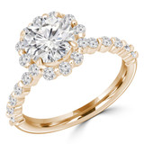 Round Diamond Floral Shared Prong Halo Engagement Ring in Yellow Gold with Accents (MVS0256-Y)