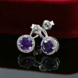 1 3/5 CTW Round Purple Amethyst 4-Prong Drop/Dangle Earrings in 0.925 White Sterling Silver (MDS170145)