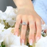 9/10 CTW Round Diamond Cathedral Cushion Halo Engagement Ring in 14K White Gold with Accents (MD240146)