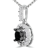 7/8 CTW Round Black Diamond Halo Pendant Necklace in 10K White Gold (MDR130012)