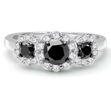 1 1/10 CTW Round Black Diamond Halo Three-stone Engagement Ring in 10K White Gold (MDR140088)