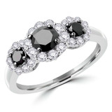 1 1/10 CTW Round Black Diamond Halo Three-stone Engagement Ring in 10K White Gold (MDR140088)